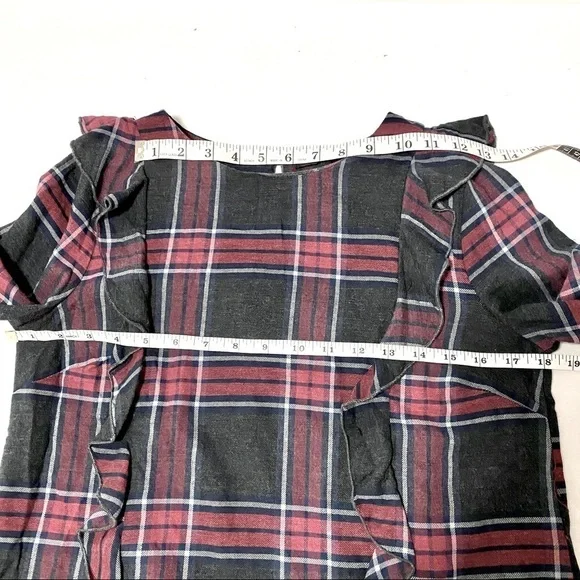 Plaid Ruffle Long Sleeve Cotton Blouse Sz Small Flannel Grunge Boho Ruffles - Picture 8 of 9